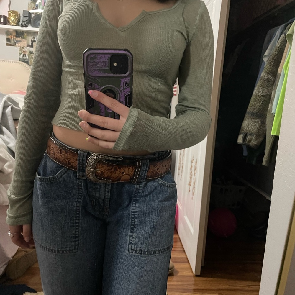 Olive Green Ribbed V-Neck Top